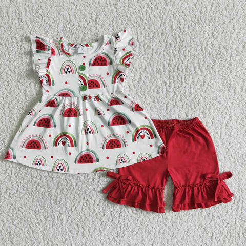 GSSO0005 Watermelon Red Rainbow Cute Girl's Shorts Set
