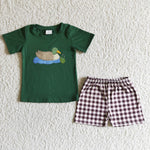 New Embroidered Mallard Green Duck Plaid Boy's shorts set