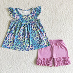GSSO0025 Summer Purple Leopard Cute Girl's Shorts Set