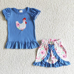 GSSO0020 Embroidered Rooster Blue Flower Girl's Shorts Set