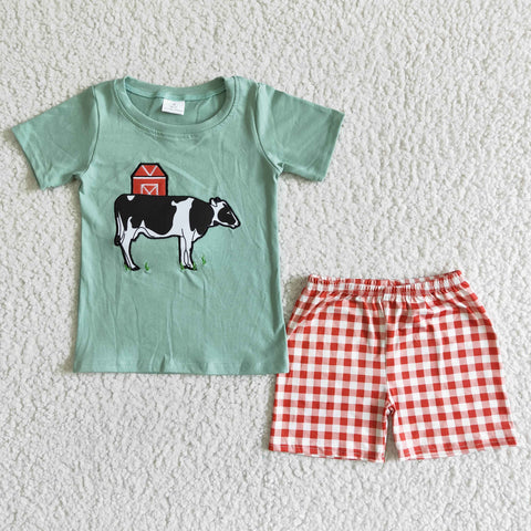 BSSO0001 New Embroidered Farm Cow Green Boy's shorts set