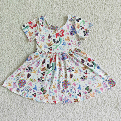 SALE GSD0050 Summer Cartoon Mermaid Mouse Castle Girl's Short Sleeves Dress