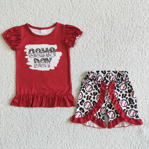 GSSO0057 Game Day Baseball Leopard Red Wine Girl's Shorts Set