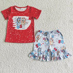 GSSO0053 USA National Day Blue Dog Red Girl's Shorts Set