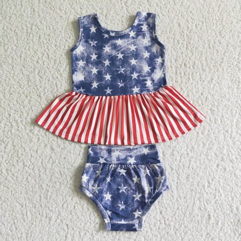 Jult 4th Cow Blue Star Red Stripe Baby Bummie Girl's Set