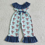 Summer New Cute Cow Blue Girl's Jumpsuit