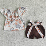 Brown Flower With Belt Ball Decoration Girl's Shorts Set
