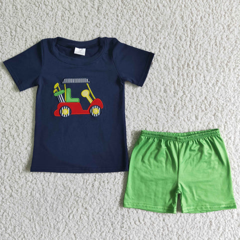 SALE BSSO0030 Dark Blue Car Green New Boy's Shorts Set