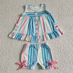Colorful Stripe With Buttons Girl's Shorts Set