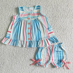Colorful Stripe With Buttons Girl's Shorts Set