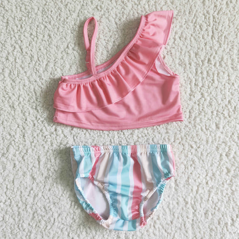 Girl‘s Summer Pink Colorful Stripe Swimsuit