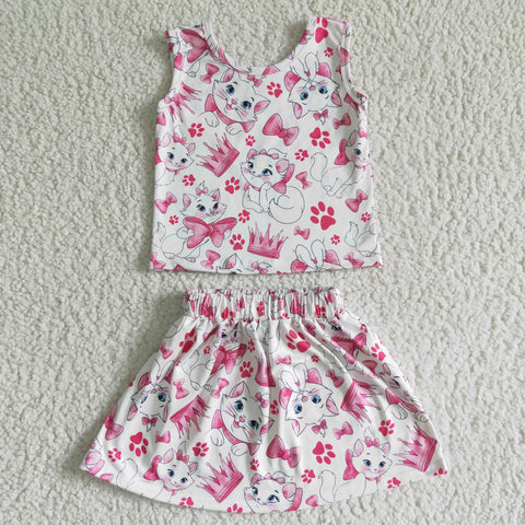 GSD0041 Summer Pink Cat Sleeveless Girl's Skirt Set
