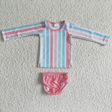 S0020 Girl‘s Summer Pink Colorful Stripe Swimsuit