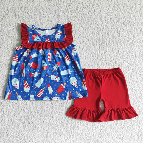 GSSO0044 Summer National Day Popsicle Red Girl's Shorts Set