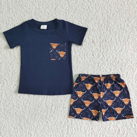 SALE BSSO0035 Dark Blue Cow With Pocket Boy's Shorts Set