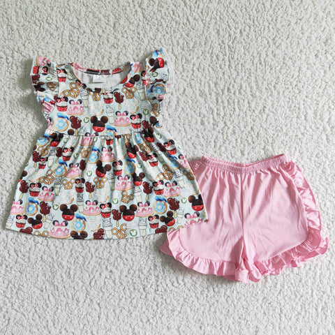 Cartoon ice cream Pink mouse Girl Shorts Set