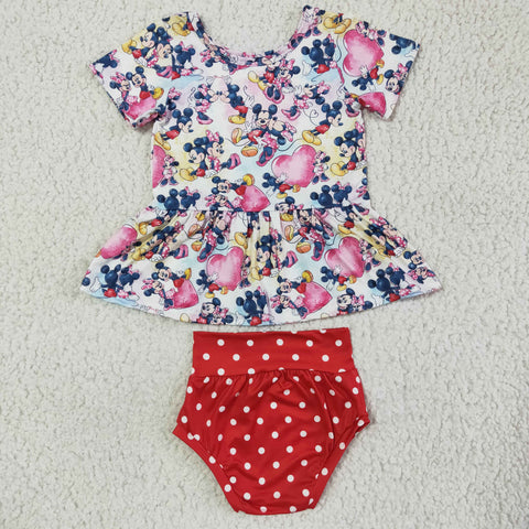 Summer Red Dots Cartoon Baby Bummie mouse Castle  Girl's Set