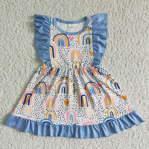 Summer Rianbow Blue Ruffles Cute Girl's Dress
