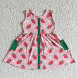 GSD0037 Summer Strawberry Button Pocket Cute Girl's Dress