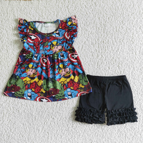 Summer Cartoon Character Black Shorts Girl's Set