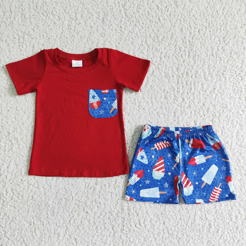 BSSO0025 Summer National Day Popsicle Red Boy's Shorts Set