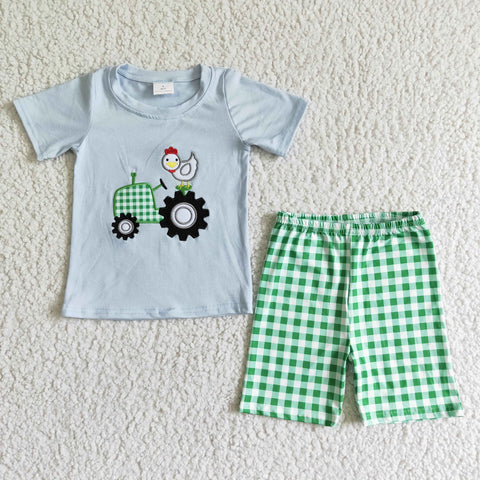 SALE BSSO0031 Farm Embroidery Tractor Rooster Chicken Green Plaid Boy's Shorts Set