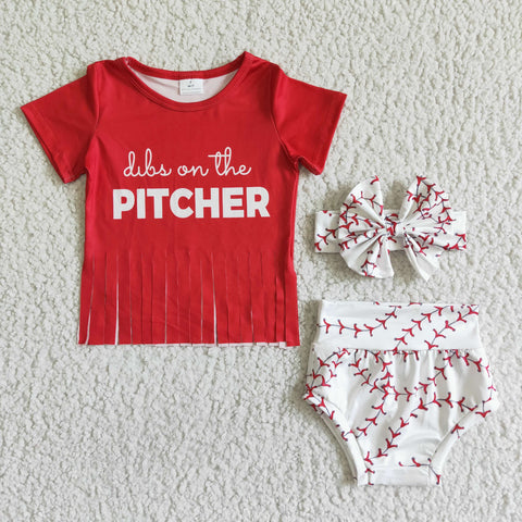 GBO0002 PITCHER Red Tassel Baseball With Bow Baby Bummie Girl's Set