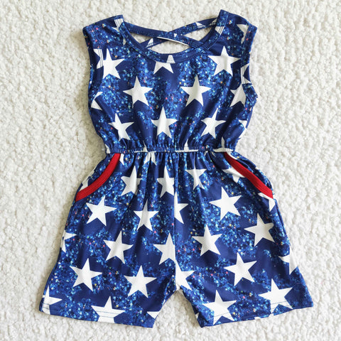 National Day July 4th Blue Star Girl's Shorts Jumpsuit