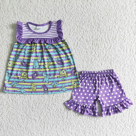 GSSO0077 Summer Cartoon Purple Dots Monsters Girl's Shorts Set