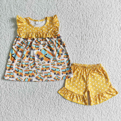 GSSO0075 Back To School Yellow Bus Girl's Shorts Set