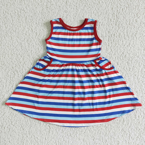 SALE A1-13-2 Girl's Dress With Red Blue Stripe Pockets