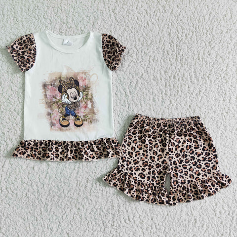 Summer Cartoon mouse Leopard Girl's Shorts Set