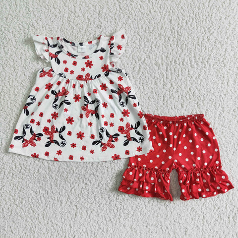 C8-21 Farm Cow Red Dots Girl's Shorts Set