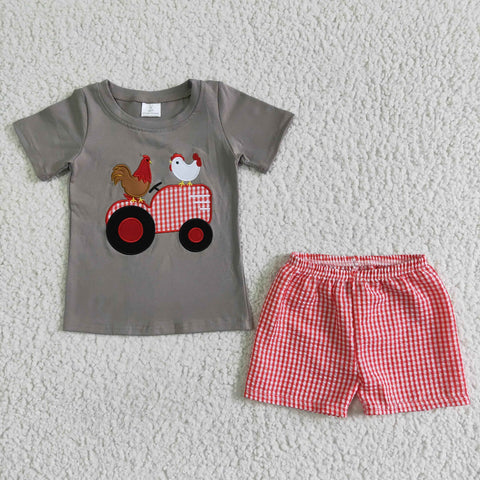 Grey shirt with tractor and chickens red Boy's shorts set