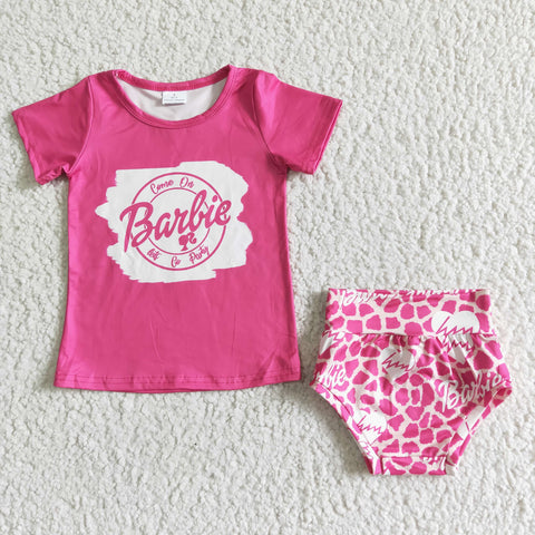 Summer Pink Baby Letter Leopard Baby Bummie Girl's Set