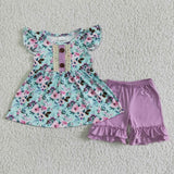 Summer Purple Flower Shorts Girl's Set