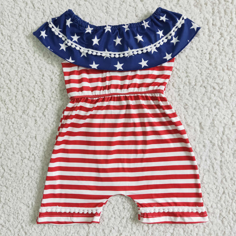 SALE A4-5-2 National Day July 4th Blue Star Stripe Girl's Shorts Jumpsuit
