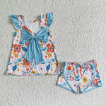 SALE GSSO0098 Summer Blue Flower Floral Big Bow Cute Girl's Shorts Set