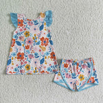 SALE GSSO0098 Summer Blue Flower Floral Big Bow Cute Girl's Shorts Set