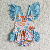 SR0037 Summer Blue Flower Floral Cute Girl's Romper