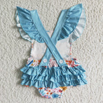 SR0037 Summer Blue Flower Floral Cute Girl's Romper