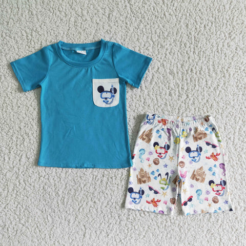 SALE BSSO0038 Summer Blue Castle Cartoon Castle mouse Boy's Shorts Set