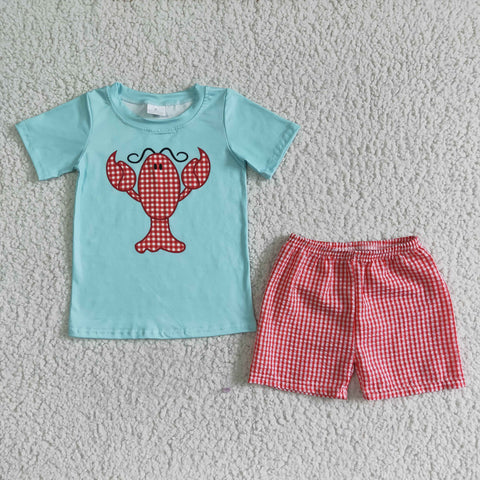 SALE A8-3 Crawfish Sky blue shirt with a lobster red grid shorts