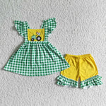 GSSO0056 Farm Embroidery Tractor Rooster Chicken Green Plaid Girl's Shorts Set