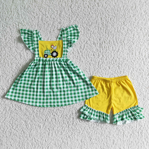 GSSO0056 Farm Embroidery Tractor Rooster Chicken Green Plaid Girl's Shorts Set