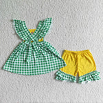 GSSO0056 Farm Embroidery Tractor Rooster Chicken Green Plaid Girl's Shorts Set