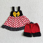 SALE D4-26 Sleeveless black shirt with yellow bow white dot red shorts