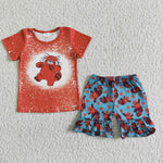 Summer Orange Cartoon Red Girl's Shorts Set