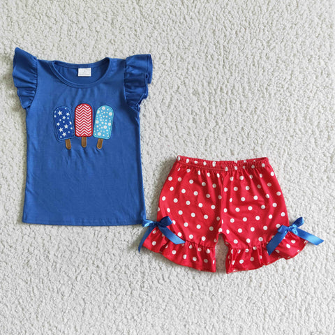 GSSO0090 Embroidery Popsicle Blue Red Dots Girl's Shorts Set