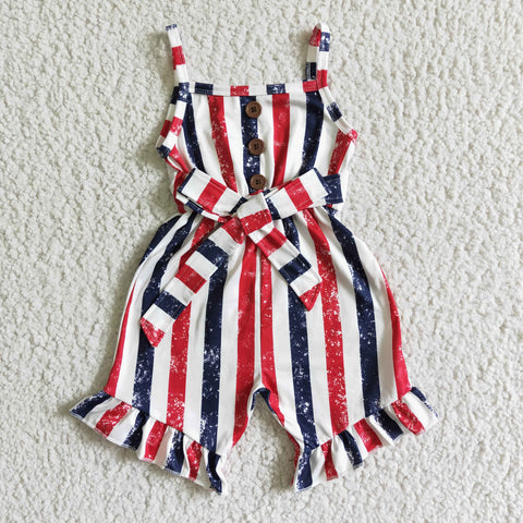 SR0032 July 4th Stripe With Belt Girl's Shorts Jumpsuit